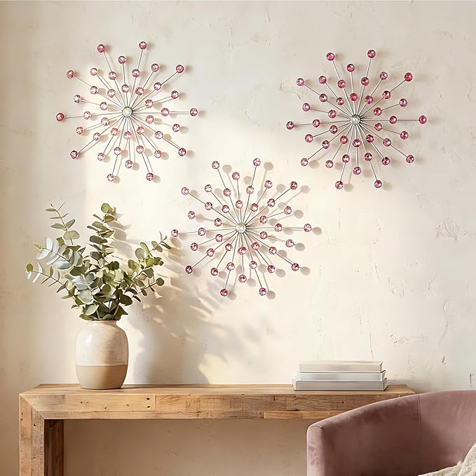 ZEXUIRU 3 Set Silver Starburst Wall Art for Home Decor Metal Bling Crystal Rhinestones Sunburst Wall Decor Sparkling Rhinestone Art Accent Silver - 13in by ZEXUIRU