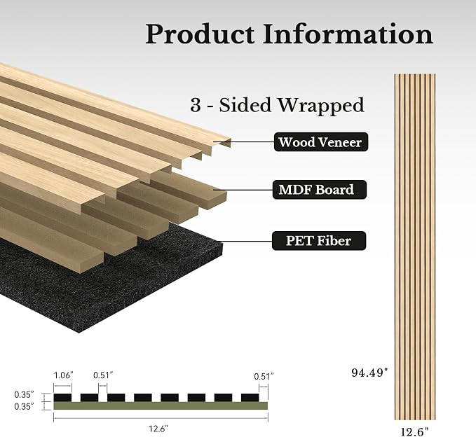 MISSDAY Wood Slat Acoustic Wall Panels, 4 Packs 94.5" x 12.6" Oak Soundproof Panel For Interior Wall Decor Noise Absorbing-3D Textured Wooden Panel Sound-Absorbing for Home, Office, Studio - Image 5
