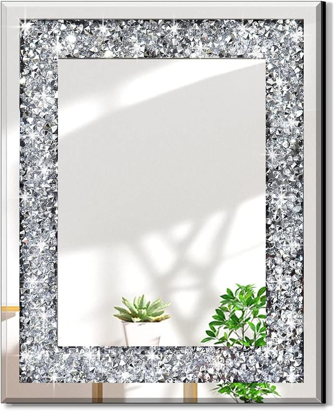 QMDECOR Crushed Diamond Mirror 16x20 Inch Silver Wall Decor by QMDECOR