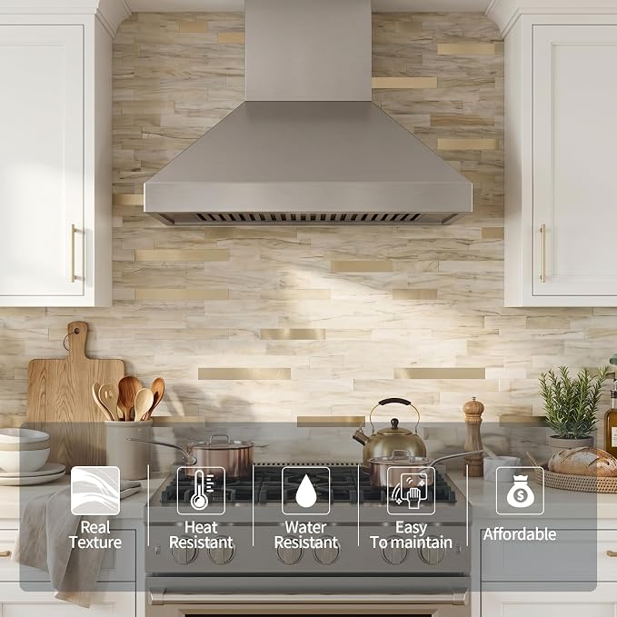 Yipscazo 10 Sheets Peel and Stick Stone Metal Tile Backsplash, Stick on Tiles for Backsplash Kitchen, Bathroom, Laundry Room, Camper, Fireplace (12'' X 12'', Beige Stone with Gold) - Image 2