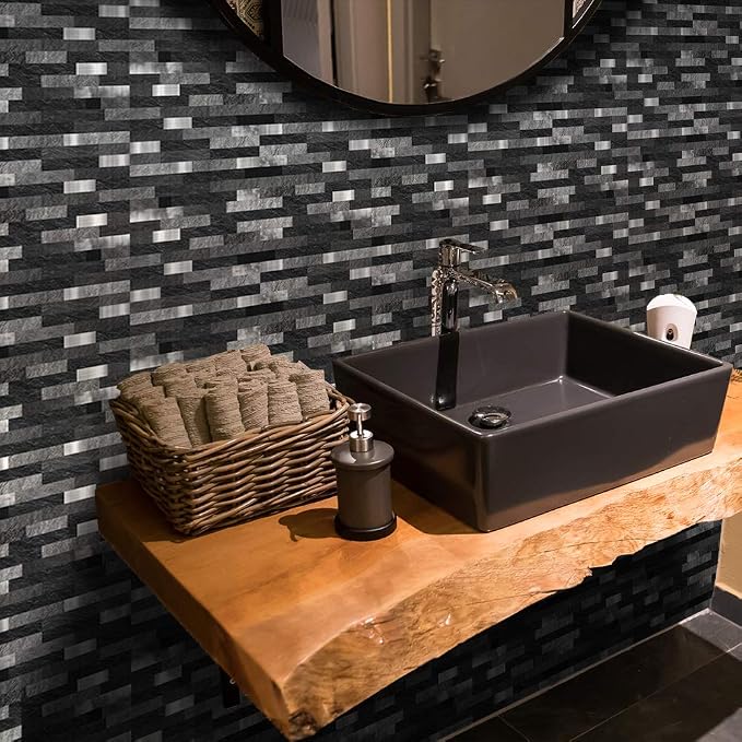 25 Pcs Self-Adhesive Tile Transfer, Peel and Stick Tile Decal, Water-Proof Backsplash Wall Tile Sticker for Kitchen Bathroom Decor, Black Brick Metal Marble, 4x4inch - Image 2