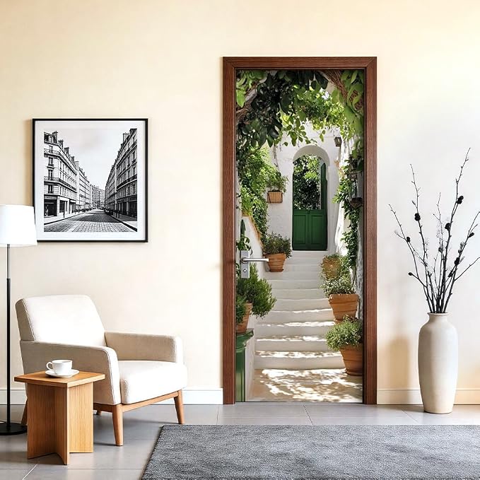 Garden Entry Door Mural, Green Cottage Archway Door Cover | Waterproof PVC, 30.3" W x 78.7" L; green garden archway scene for entryway, bedroom, hallway or office doors. - Image 5
