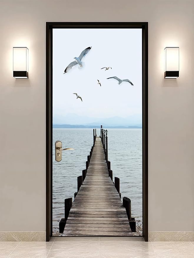 artfanke 3D Peel and Stick Door Sticker 33.5"x84.6"-Self-Adhesive Door Wallpaper Murals Decal-Wood Bridge Birds Wall Poster for Bedroom Home Decor (2 Sheets/Set) by artfanke