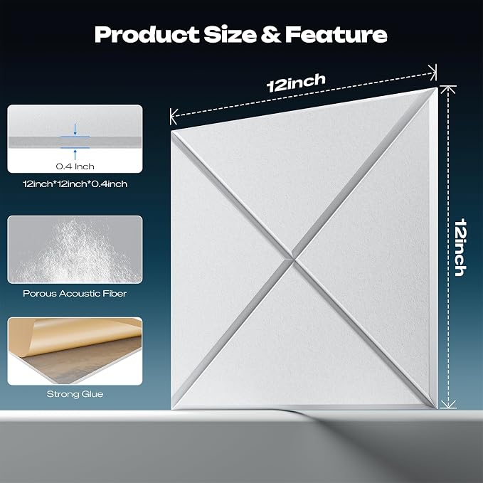 Sonicism 12 Pack X-Lined Acoustic Panels with Self-Adhesive, 12"X 12"X 0.4" Sound Proof Foam Panels, Decorative Soundproof Wall Panels, Sound Absorbing Tile for Home & Offices, White - Image 4