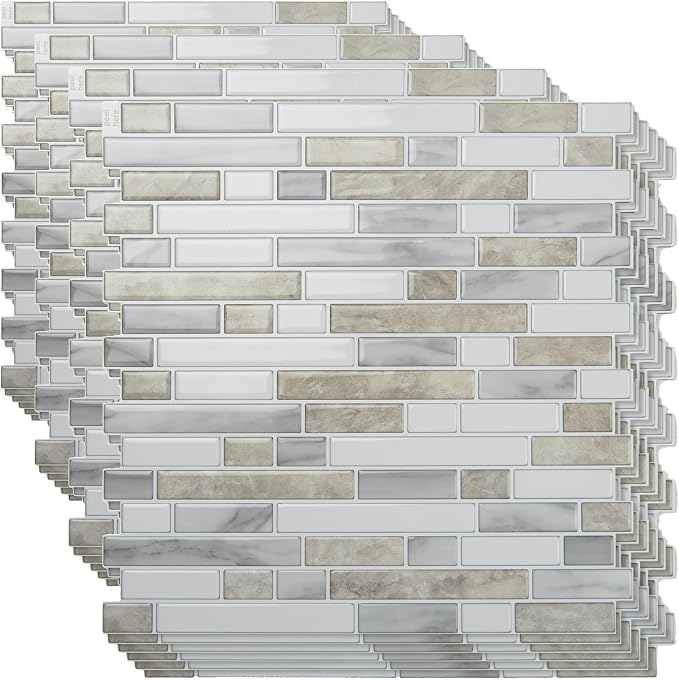 Art3d 10-Sheet Heavy-Duty Peel and Stick Backsplash, Waterproof Wall Tiles Stick on Kitchen Backsplash Living Space, Beige & White (Pack of 4) by Art3d