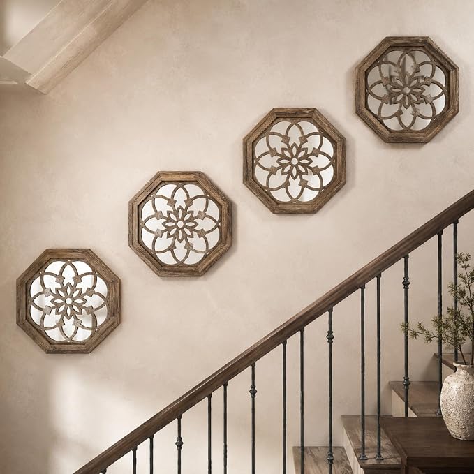 4 Pack 12 Inch Octagon Maroon Rustic Wood Frame Acrylic Wall Mirrors, Farmhouse Boho Wall Art Decor for Living Room, Bedroom, Hallway, Entryway, Bathroom & Office - Image 6