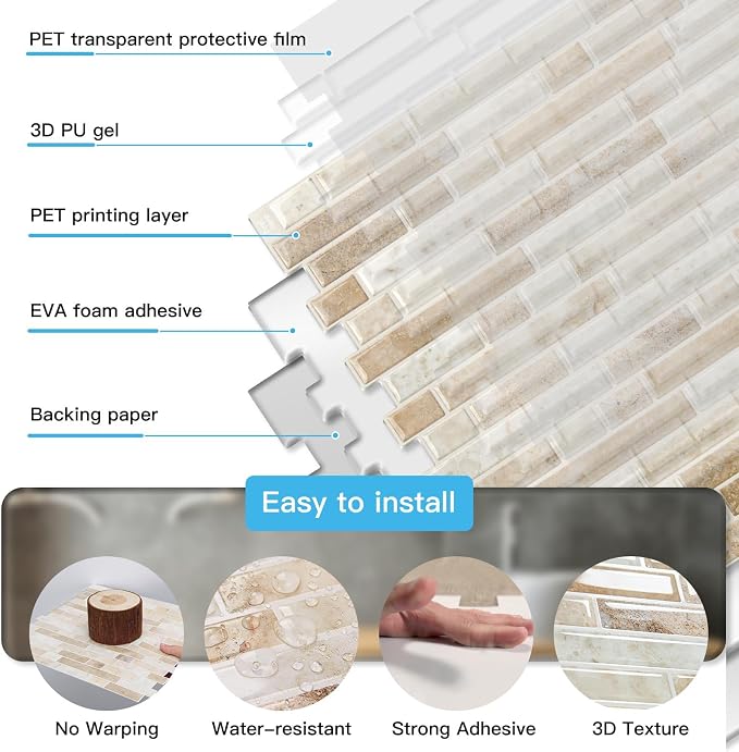 Art3d Linear Tile Peel and Stick Backsplash, 10-Pack, Eurasian Mocha Stone | 12 x 12 Inch, Enhanced Thickness, Warp Resistant, Strong Adhesion, Sturdy, for Kitchen, Bedroom, Ideal for Home Improvement - Image 6