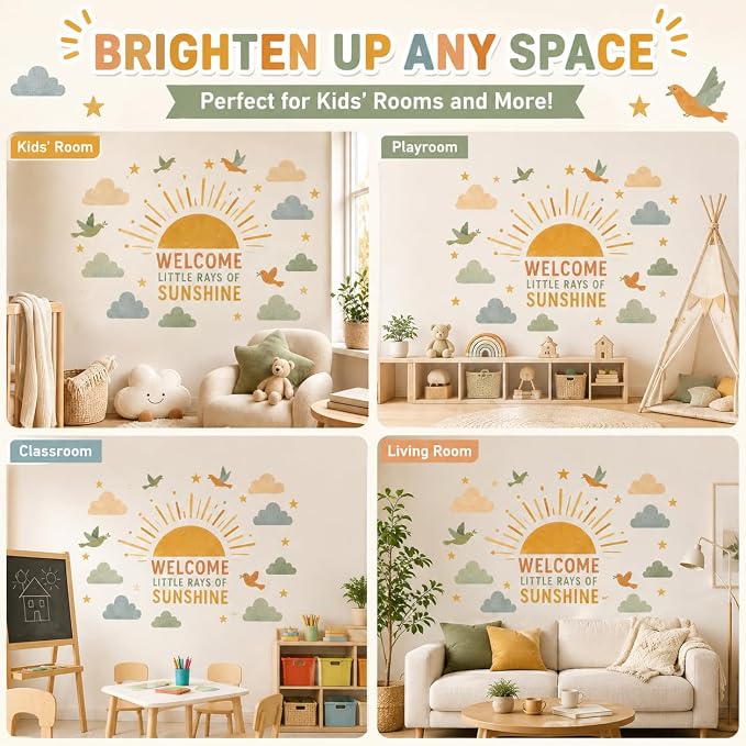 Boho Sun Wall Decal Watercolor Modern Half Sun Wall Decal Sun Cloud Birds Wall Stickers Vinyl Sticker for Classroom Playroom Bedroom Wall Decor - Image 4