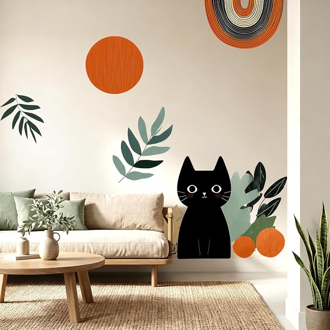 Boho Black Cat Botanical Abstract Wall Decal Modern Home Room Decor Sticker | Peel and stick removable boho cat wall art, geometric plant design, renter-friendly no-residue decor for bedroom, nursery - Image 4