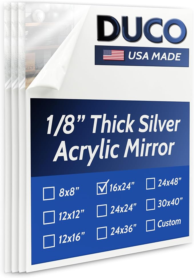 Duco USA-Made Acrylic Mirror Sheet 1/8 Inch Thick 16" x 24" (with Adhesives) - Pack of 4 Silver Frameless Plastic Mirror for Walls, Home Gyms, Bathrooms, & More - Shatter-Proof Mirrored Plexiglass by DucoPlasticsSupply
