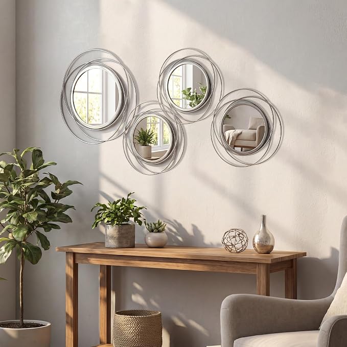 4 Piece Gold Round Wall Mirror Set Modern Metal Circles for Home Decor by sxnzequnze