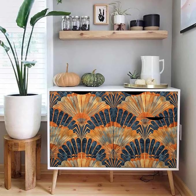 18"x236" Brown Orange Fan-Shaped Geometric Art Boho Peel and Stick Self Adhesive Wallpaper Removable Contact Paper Stick on Easy Peel Off Wall Paper for Kitchen Bedroom Bathroom Renter - Image 5