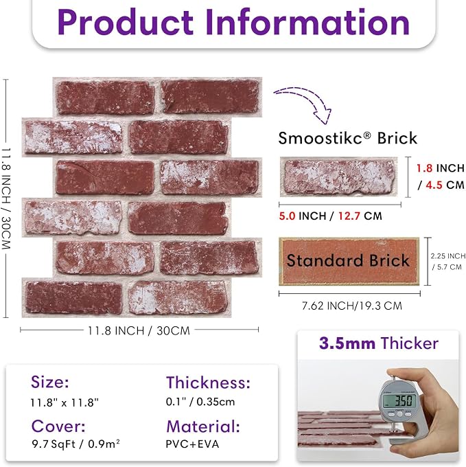 3D Faux Brick Wall Panels Peel and Stick, Designed for Quick DIY | Whitewash Red, 10 Pcs 11.8" x 11.8", Small Brick-Look, Light PVC Fake Brick Covering for Wall Renovation, Cover 9.7 sq ft - Image 3