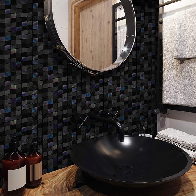 Alwayspon 25 Pcs Brushed Silver Self-Adhesive Transfer, Peel and Stick Tile Decal, Water-Proof Backsplash Sticker for Kitchen Bathroom Decor, Black Rainbow Mosaic, 8x8inch by Alwayspon