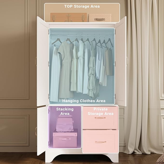 LIKIMIO Armoire Wardrobe with Mirror, 3-Door Hanging Rod & Drawers - Image 4