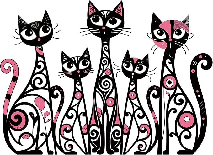 Wesiti Cat Wall Art Decor Metal, 10.6"x15.7" Mid Century Cat Pink Black | Iron Sculpture for Pet Lover, Retro Romantic Pink Swirl Design, Living Room Bedroom Kitchen Office Home Wall Decor Gift by Unteilti