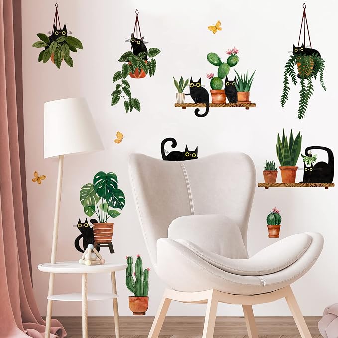Yovkky Black Cats Potted Plant Wall Decals Stickers | Cartoon Kitty Botanical Bonsai Nursery Playroom Decor, Cactus Kids Bedroom Home Classroom Living Room Kitchen Decorations Art - Image 5