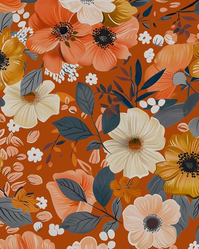 BOKEBEVE Floral Wallpaper Peel and Stick Boho Vintage Orange 17.5 x 393.5In | Extra Long Removable Renter Friendly Vintage Floral Wall Paper for Bedroom Bathroom Cabinet Drawer Feature Accent Wall by BOKEBEVE