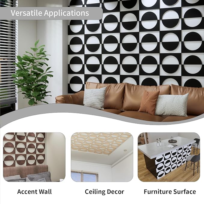 12PCS PVC Modular Decorative Fretwork Wall Panels for Living Room Lobby Bedroom, Half Circle-Black Matte Black Finish - Image 7
