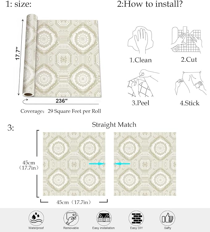 Neutral Vintage Wallpaper Tile Botanical Peel and Stick Wallpaper | Beige geometric floral tile seamless print, Removable waterproof vinyl wall covering, bedroom accent wall decor - Image 9