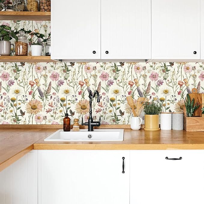 Livebor Floral Peel and Stick Wallpaper for Bathroom 16.9inch x 196.8inch | Floral Bird Contact Paper Vintage Flower Wallpaper Peel and Stick Self Adhesive Waterproof Flower Decorative Wall Paper Vinyl - Image 5