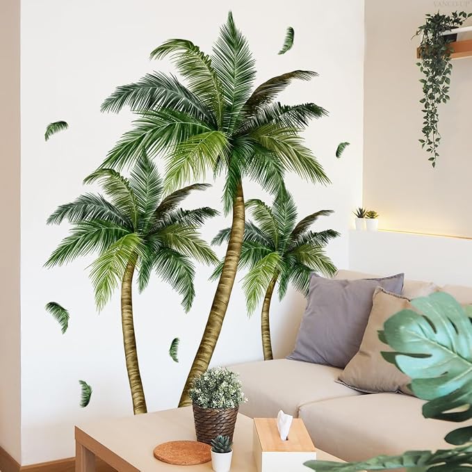 2 Sheets Palm Tree Wall Decals Peel and Stick Coconut Wall Stickers & Murals Green Leaves Wall Decor Removable Beach Stickers for Living Room Bedroom Classroom Bathroom Nursery Coconut Girl Room Decor - Image 3