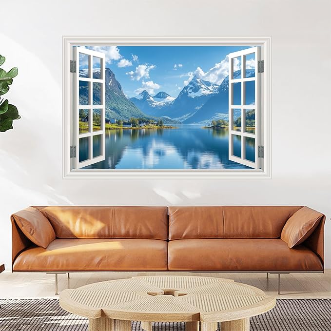 Fake Window Poster Wall Mural Sticker Mountain Lake Forest Prints Faux Window Wall Art Picture Decals Decor, Stick and Peel Landscape Natural Scenery 48" x 32" Set of 2 Sheets - Image 4