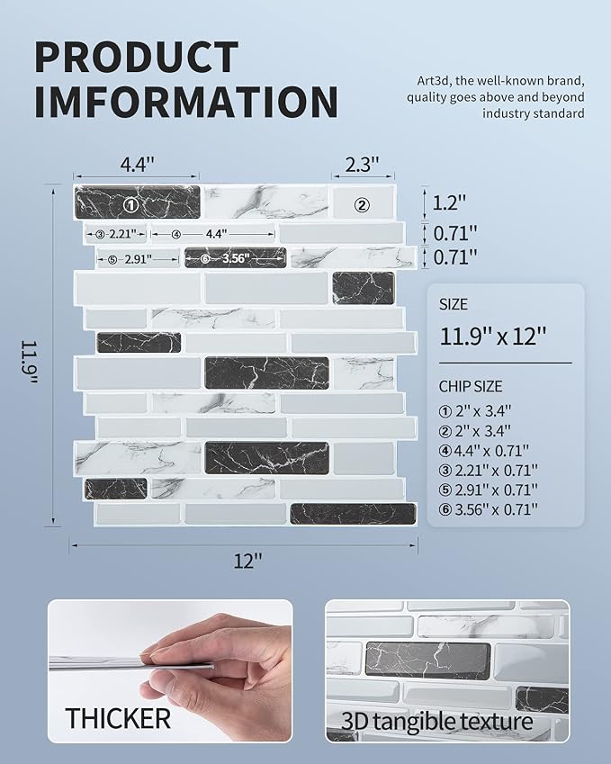 Art3d 12 x 12 in Peel and Stick Backsplash, Vinyl Wall Tile, 10-Pack, Grey | Thickened Design, Waterproof, Self Adhesive, Easy to Install, No Residue, for Kitchen, Bedroom, Ideal for Recently Moved - Image 7