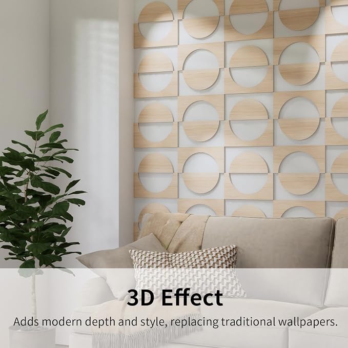 12PCS PVC Modular Decorative Fretwork Accent Wall Panels for Living Room Lobby Bedroom, Half Circle-Oak Faux Oak Wood Texture - Image 5