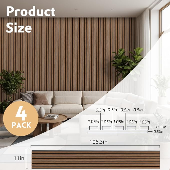 4 Pack Wood Panels for Wall, 106.3" × 11" Wood Slat Acoustic Panels for Wall, Soundproof Panels, 3D Fluted Panels for Interior Wall Decor (Walnut) - Image 2