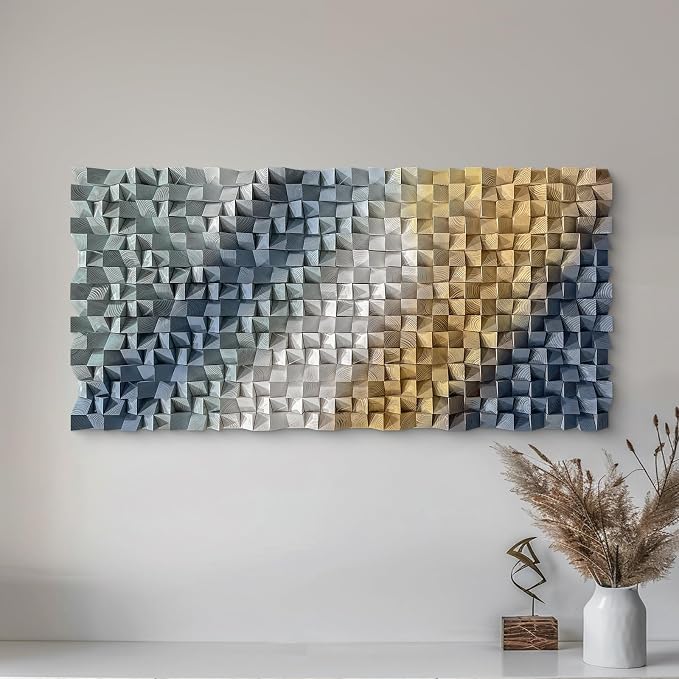 LIUZEYUE Layered Cube Relief, Large 3D Wood Wall Art, Large 3D Decor | textured wood wall art; slate blue and ivory, raised cube relief; living room tall-wall centerpiece; 27.6 x 55.1 in - Image 7
