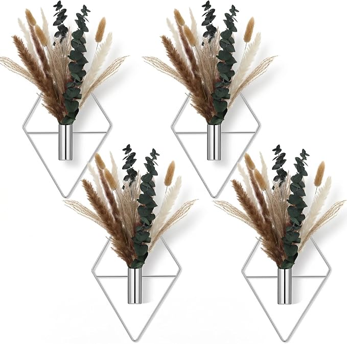 Jexine 4 Pcs Hanging Artificial Planters Wall Decor, Chrome Silver, Pampas | Bathroom Wall Decor, Geometric Metal Vase, Indoor Plants, Living Room, Home Office, Entryway, Boho Accent, Wall Mounted by Jexine