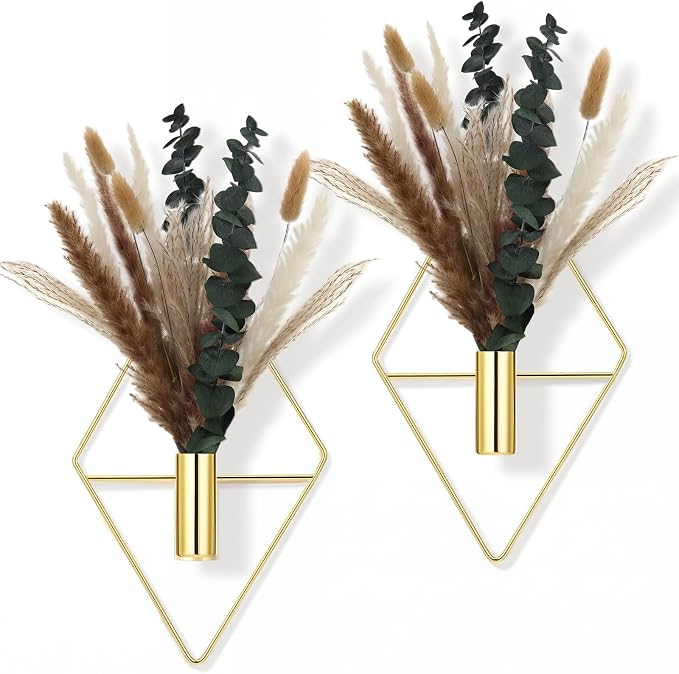 Jexine 4 Pcs Hanging Artificial Planters Wall Decor, Golden, Pampas | Bathroom Wall Decor, Geometric Metal Vase, Indoor Plants, Living Room, Home Office, Entryway, Boho Accent, Wall Mounted by Jexine