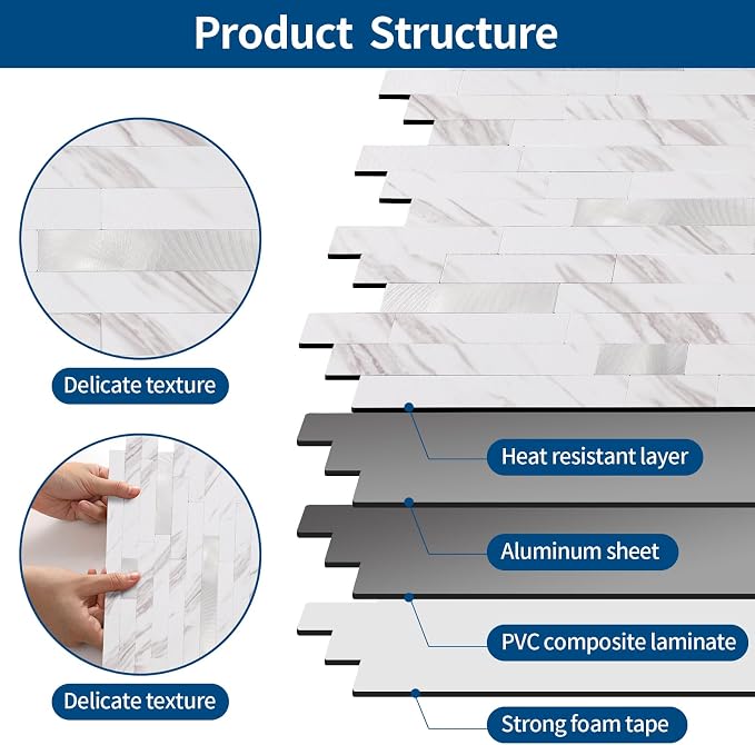 Yipscazo Peel and Stick Stone Metal Backsplash, Stick on Tiles for Backsplash Kitchen(10 Sheets, Calar White Stone) - Image 6