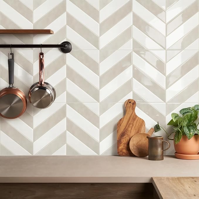 STICKGOO Herringbone Peel and Stick Backsplash, White & Beige, 10 Sheets | 12.6 x 9.7 in, Thicker Rectangular Vinyl Stick-On Wall Tiles, Easy Alignment, Waterproof, Easy to Clean, Kitchen/Bathroom - Image 8