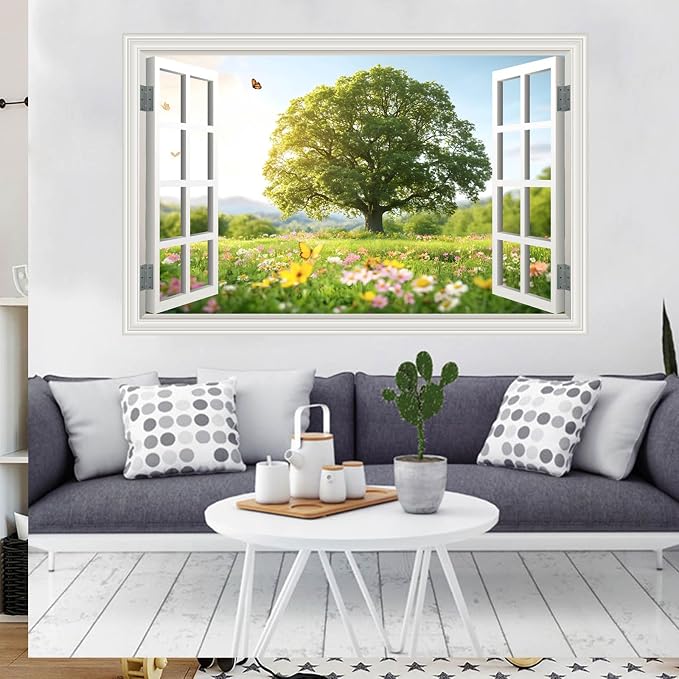 Fake Window Wall Sticker Decal Spring Green Grassland Tree Faux Window Flowers Poster Picture Open Wall Art Decor, Stick and Peel Landscape Natural Scenery Canvas Scene Mural,16"x24" - Image 5
