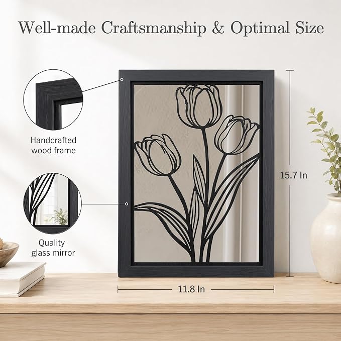 2 Set Farmhouse Mirrors for Wall Decor Living Room Bedroom Bathroom Entryway Wood Rustic Framed Decorative Accent Hanging Wall-Mounted Mirror Set -Distressed Black 15.7 in - Image 2