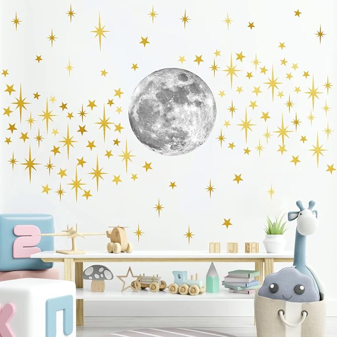 Retro Starburst Wall Decals Stars Wall Sticker Star Moon Vinyl Decal Golden | Celestial decor, sparkle wall stickers decoration, peel and stick, removable art mural, for girls bedroom living room nursery - Image 3