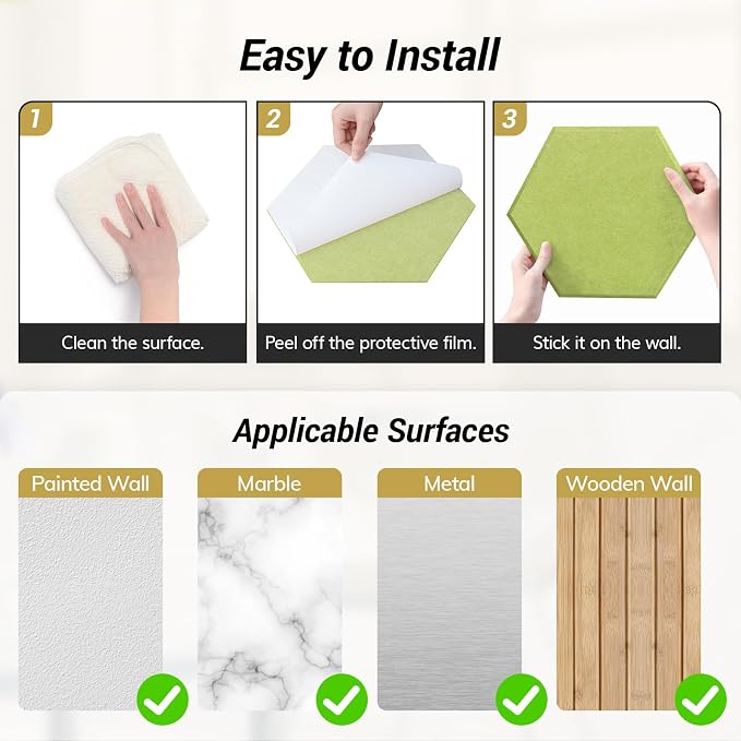 12 Pack High Density Hexagon Acoustic Panels, TONOR 12"x 10"x 0.4" Soundproof Wall Panels, Sound Absorbing Panels for Interior Wall Décor, Peel and Stick Modern for Studio, Office, Home, Green - Image 6