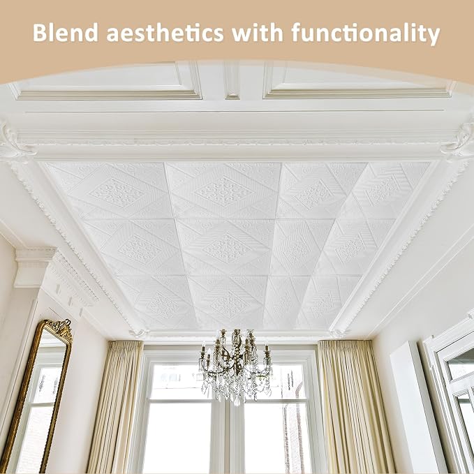 Nuanchu 20 Pcs 13.8 x 13.8 Inch Ceiling Tiles Peel and Stick, Elegant | Foam White 3D Wall Panels 26-105.5 Sq. ft Adhesive Glue up Waterproof Wallpaper for DIY Office Home - Image 7