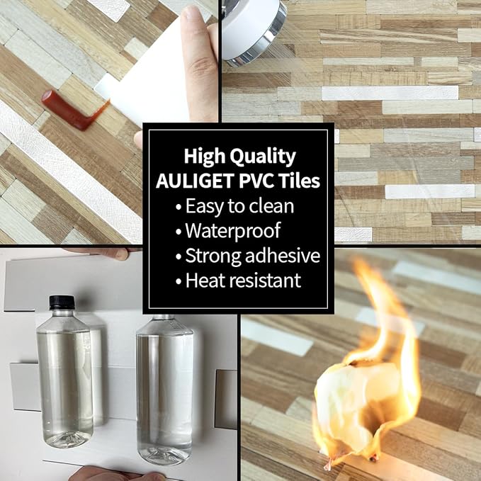 AULIGET 2 Sheets Beige & Brown Wood Peel and Stick Backsplash, PVC Mixed Metal Silver Wall Tile Stick on Backsplash for Kitchen and Bathroom - Image 5