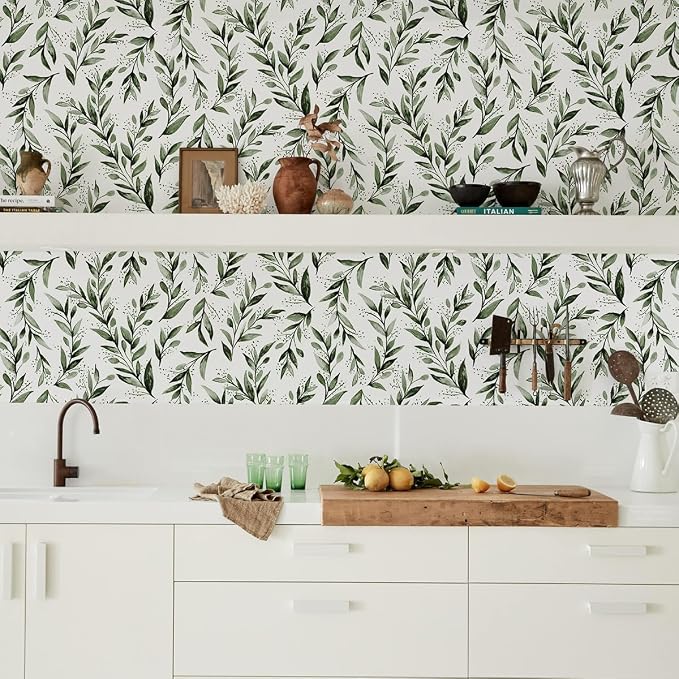 Livebor Leaf Wallpaper Peel and Stick Green Contact Paper17.7” x 590.5” | Sage Green Peel and Stick Wallpaper Adhesive Shelf Liner Wall Paper for Bathroom Neutral Olive Wallpaper Decorative Vinyl - Image 8