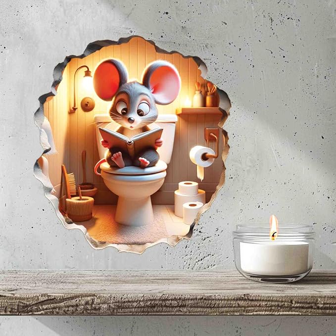 3D Mouse Sitting on Toilet - Mousehole Wall Sticker Decal - Removable Bathroom Decor - Kids Room - Peel & Stick - Whimsical Home Decor - MICESTERPIECE - Image 9