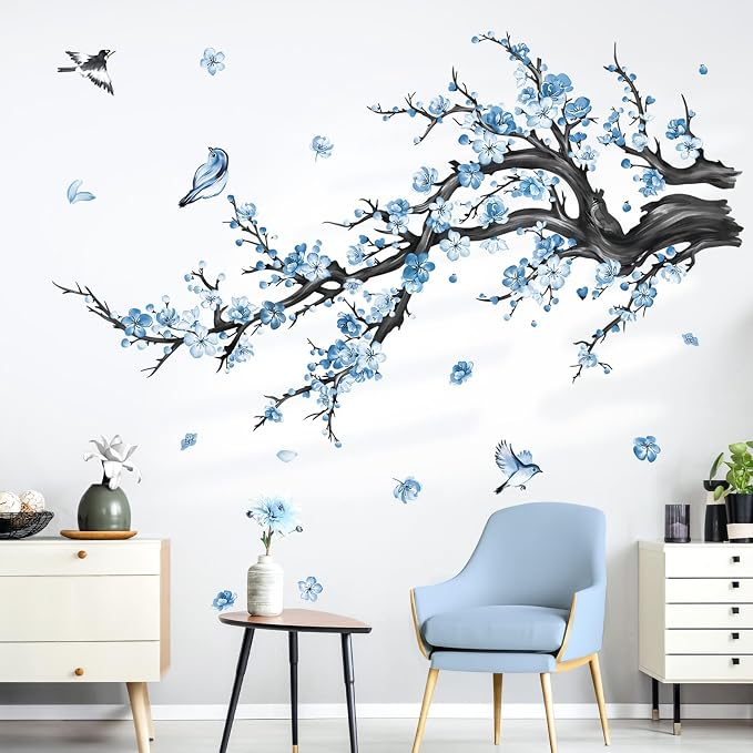 decalmile Blue Flower Branch Blossom Floral Tree Wall Decals Stickers - Image 4