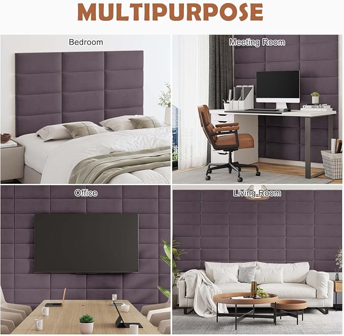 IFNOW Wall Mounted Headboard, Peel and Stick Panels, Dark Purple, King | Upholstered 3D Soundproof Acoustic Panels, Reusable and Removable, Padded Leather Bed Headboard, 12 Panels, 9.84" x 23.62" - Image 7