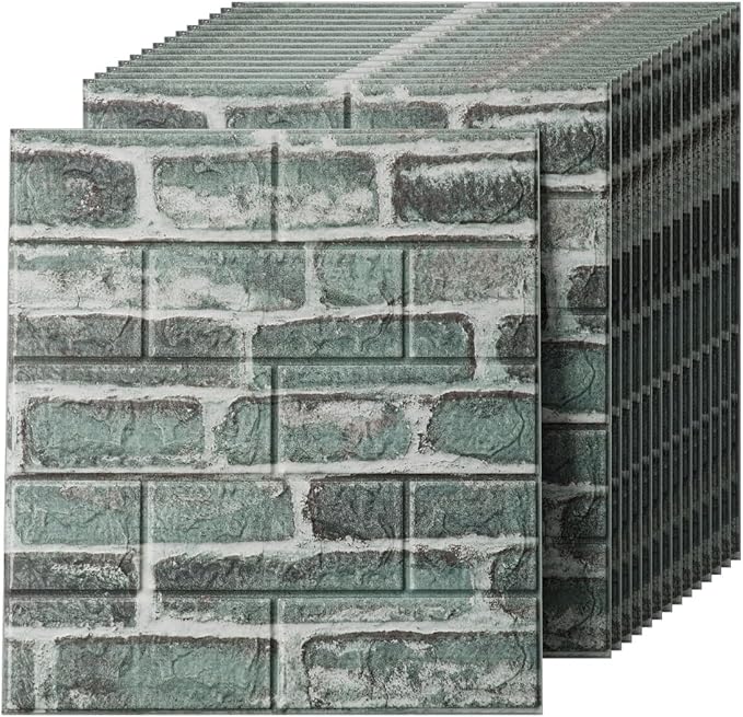 Faux Brick Wall Panels, 40 PCS, Green | 3D Wall Panels Peel and Stick, XPE Foam 3D Wallpaper, Self-Adhesive Faux Stone Wall Panels for Bedroom, Stairs, Kitchen by Greymond