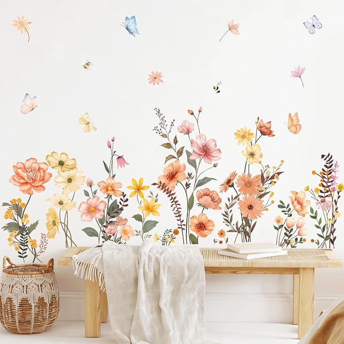 SHUCHING Boho Flower Wall Decal for Girl Room, Garden Floral Wall Sticker | Wildflower Wall Art Decor for Bedroom Living Room by SHUCHING
