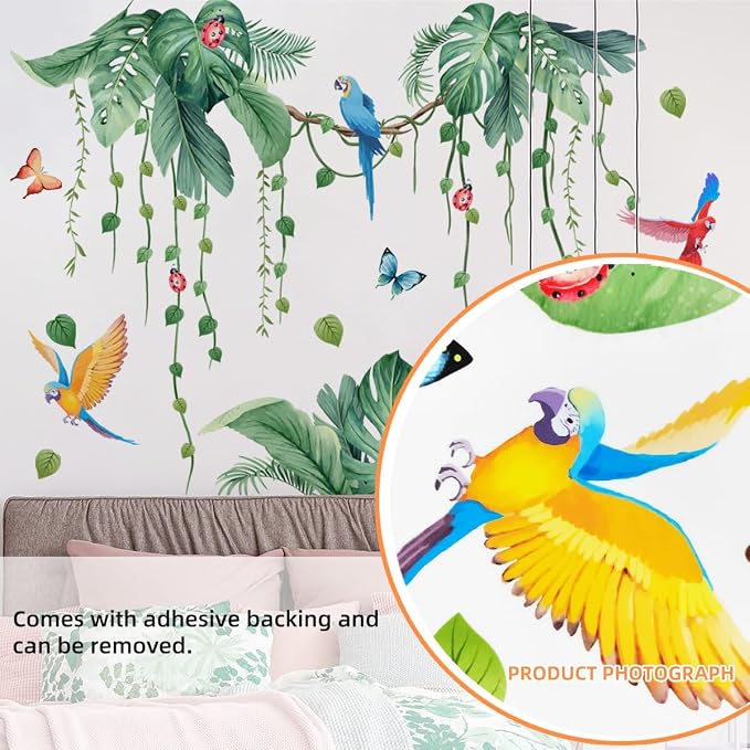 2 Sheets Jungle Wall Decals Peel and Stick Removable Vine Wall Stickers & Murals for Living Room Bedroom Vinyl Jungle Nursery Decor Tropical Wallpaper Green Plants Leaves Wall Decals with Parrot Birds - Image 3