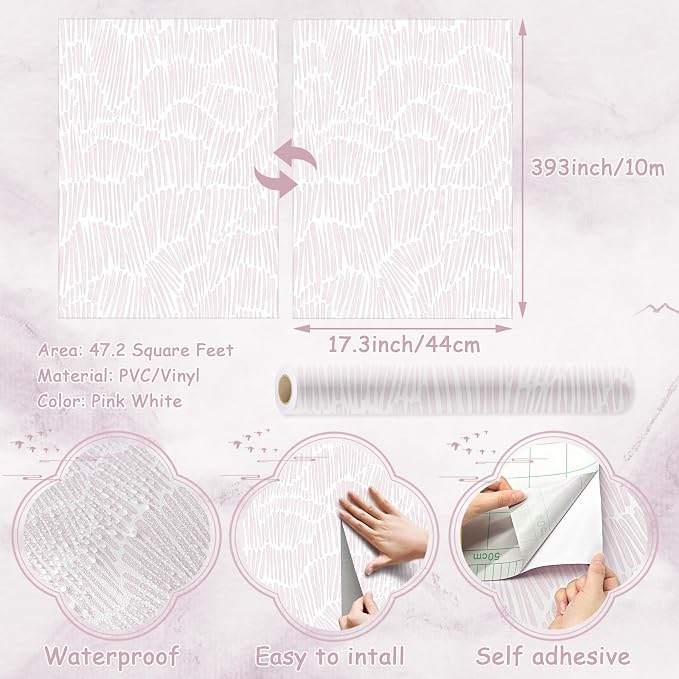 Theper Pink Peel and Stick Wallpaper Boho Striped Contact Paper 17.3"×393" | Simple Modern Removable Self Adhesive Wallpaper for Bedroom Cabinets Waterproof White and Pink Wall Paper Vinyl Roll - Image 3