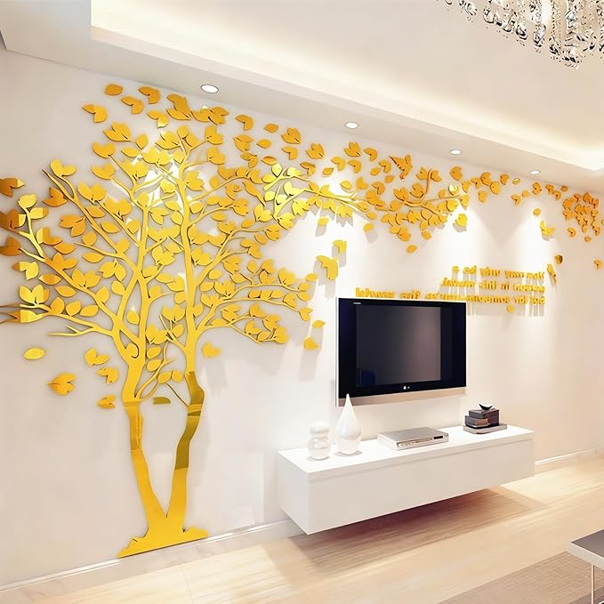 Family Tree Wall Decor Decals - DIY 3D Tree of Life Wall Art Large Decal Stickers Silver Decor Living Room Mural for Bedroom Hallway Home TV Background (Gold Left,M-98X51in) by guangmu